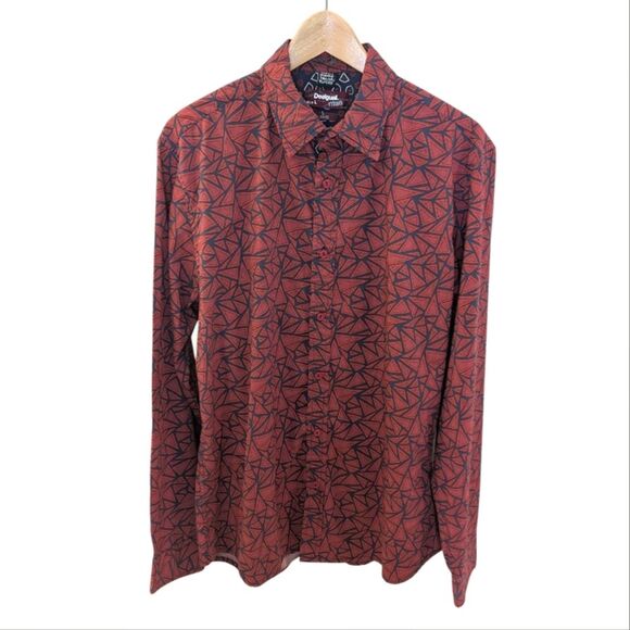 Desigual Man Triangle Print Long Sleeve Shirt Large Slim - Picture 1 of 11